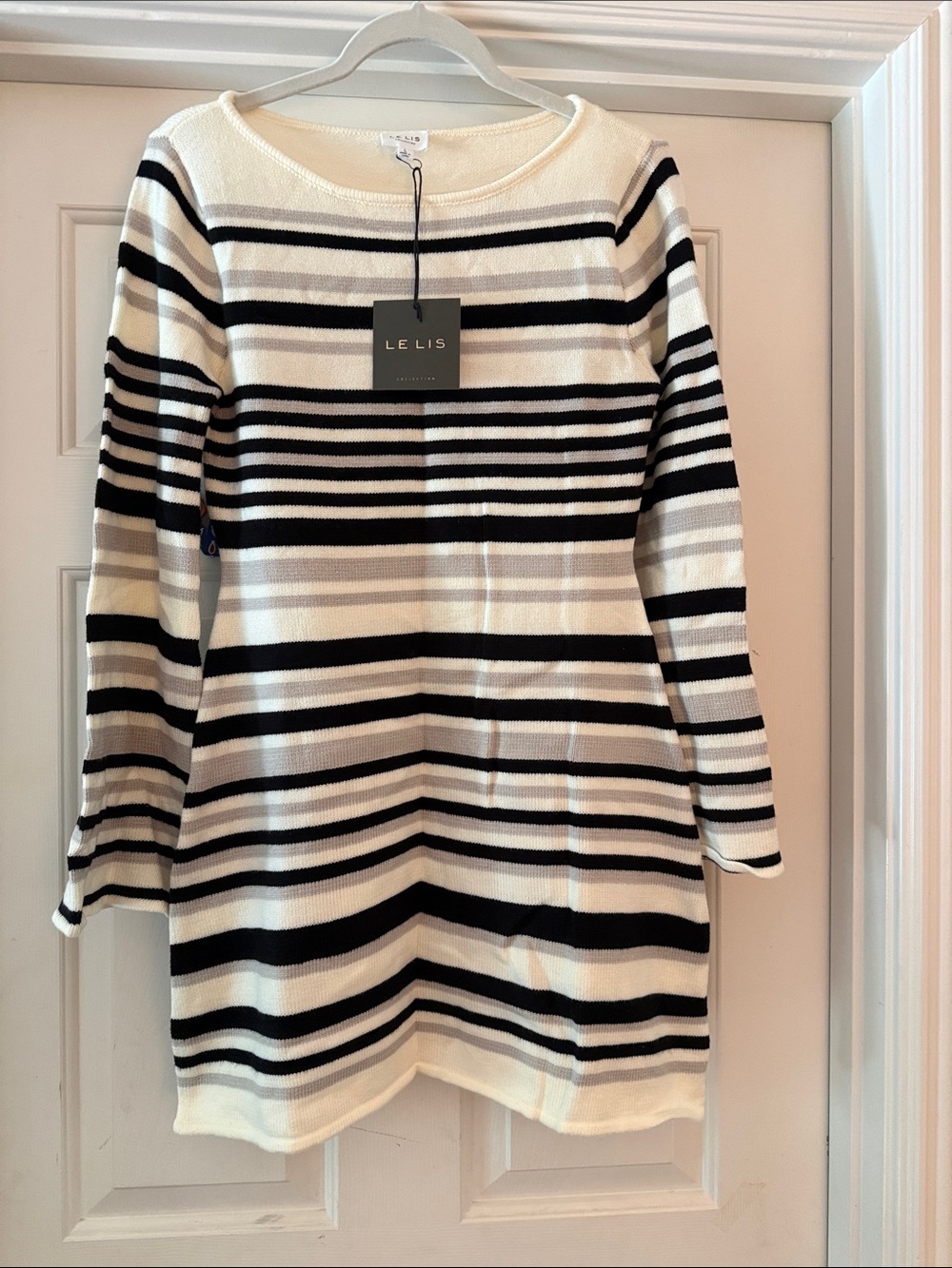 Le Lis Cream and Black Striped Crew Neck Sweater Mini Dress NWT large